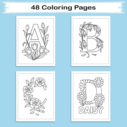 Floral Alphabet Wonders – Coloring Pages – 48 Botanical Letters – For Kids And adults