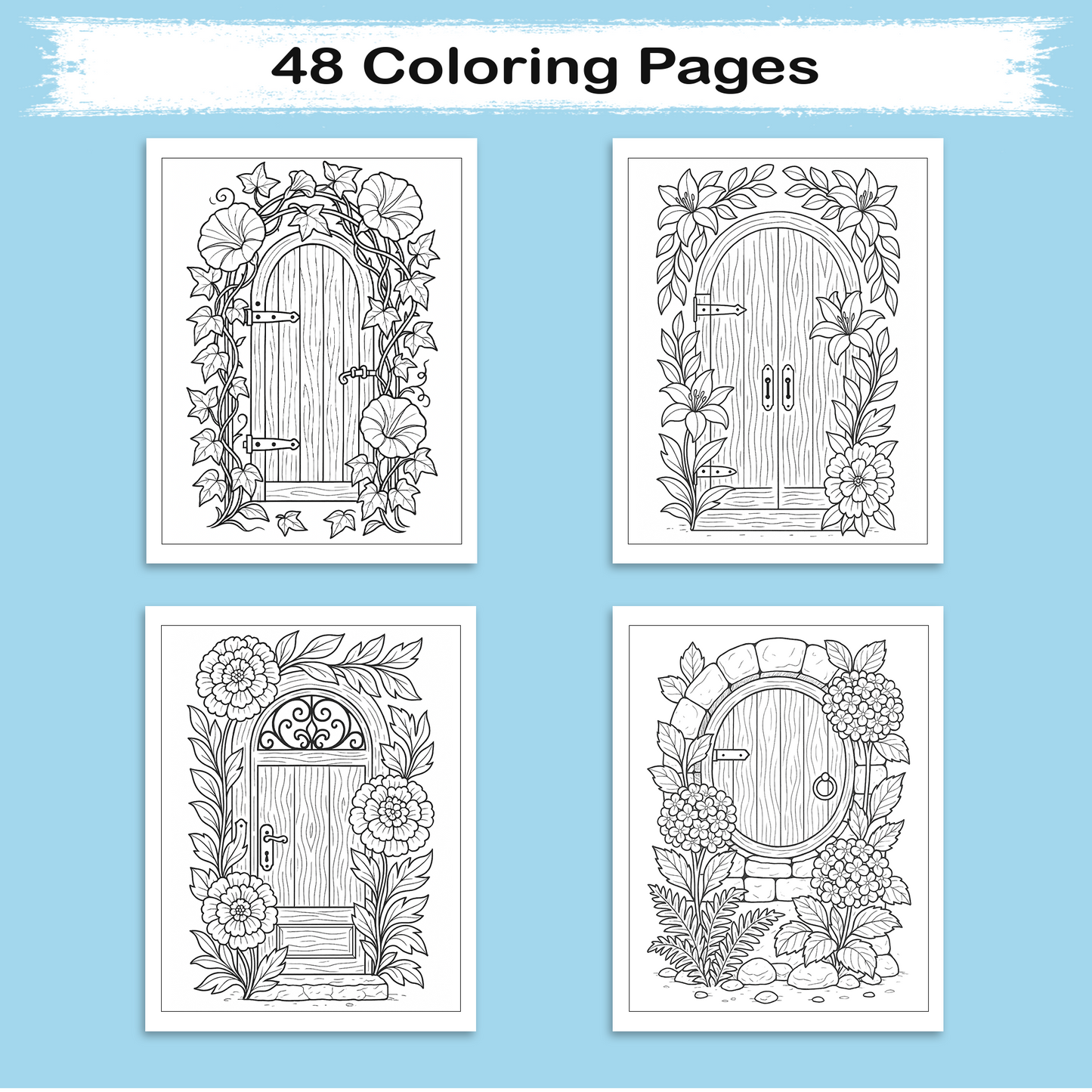 Secret Garden Doors Coloring Pages for Kids – 48 Magical Door Scenes