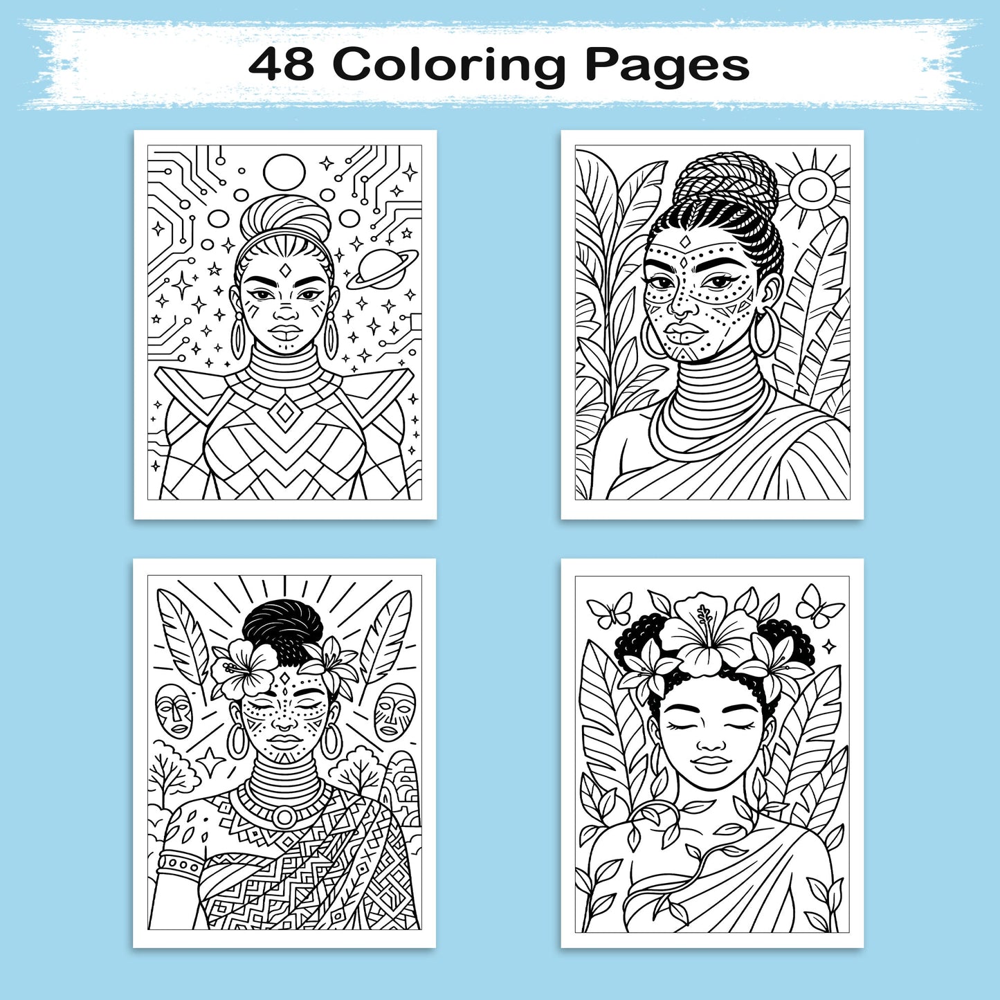 Tropical Goddess Coloring Pages – 48 Pages – Radiant, Relaxing, Feminine Energy – For Adults