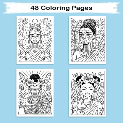 Tropical Goddess Coloring Pages – 48 Pages – Radiant, Relaxing, Feminine Energy – For Adults