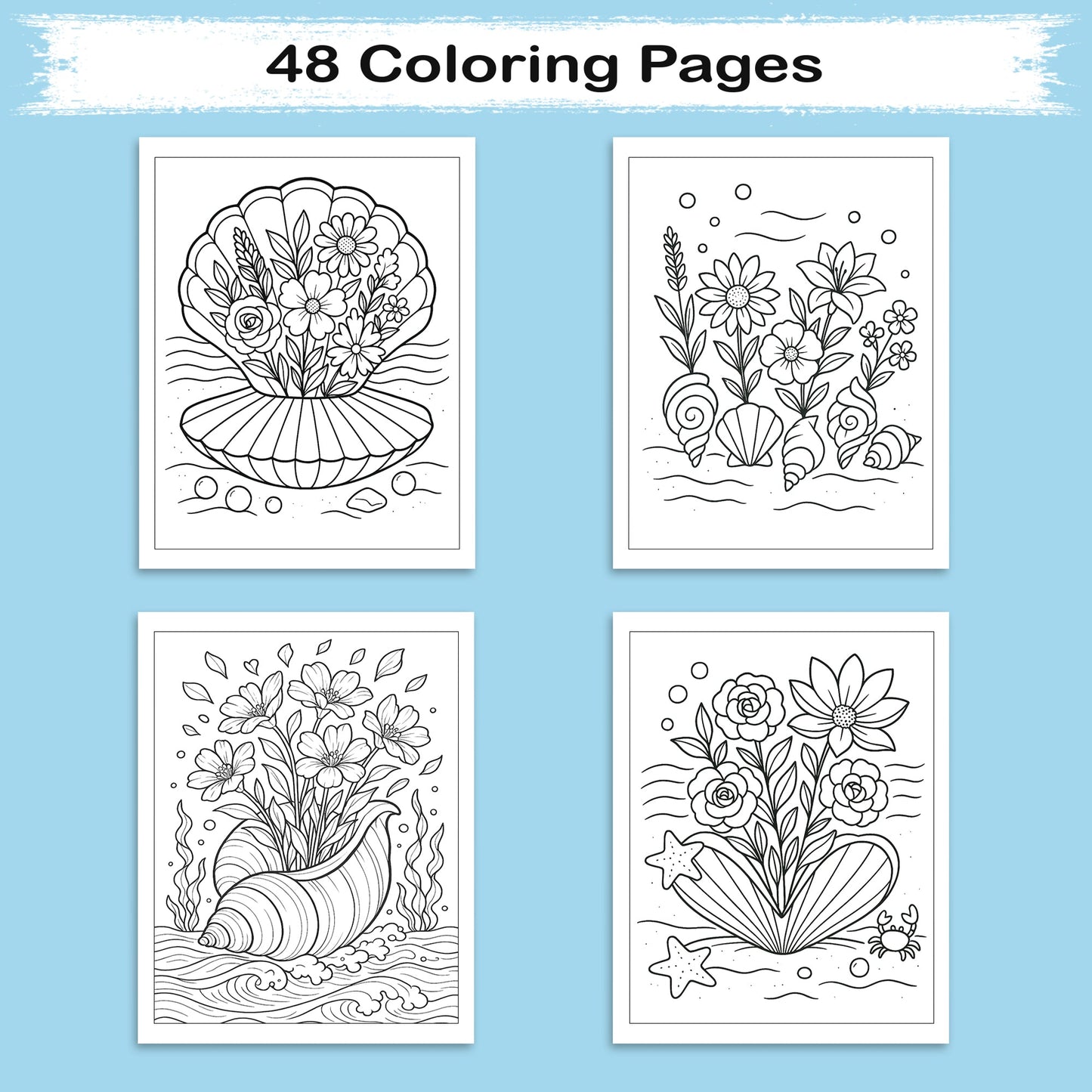 Seashell Blooms – Coloring Pages – 48 Ocean-Inspired Floral Designs – For Kids And Adults