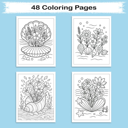 Seashell Blooms – Coloring Pages – 48 Ocean-Inspired Floral Designs – For Kids And Adults