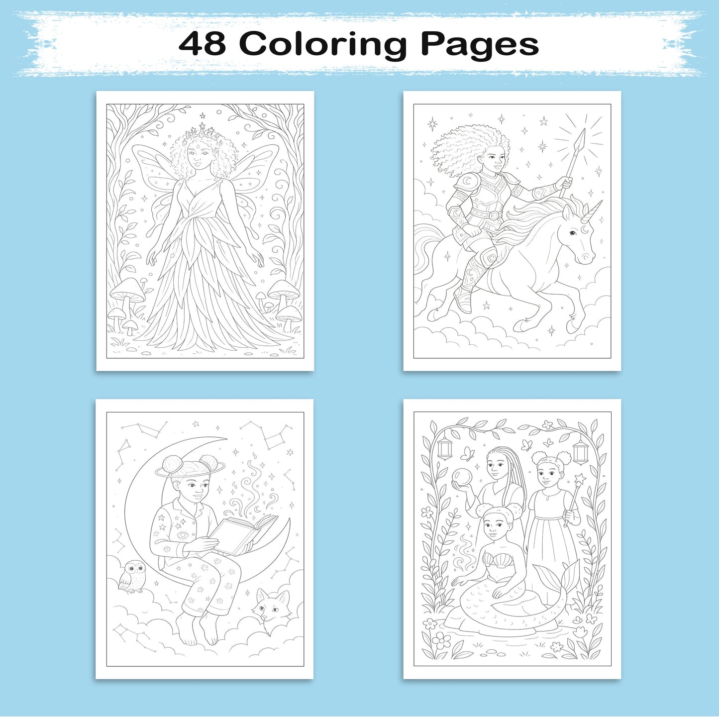 Moonlit Crowns & Magic Dreams Coloring Pages – 48 Fantasy Fairytale Scenes for Kids