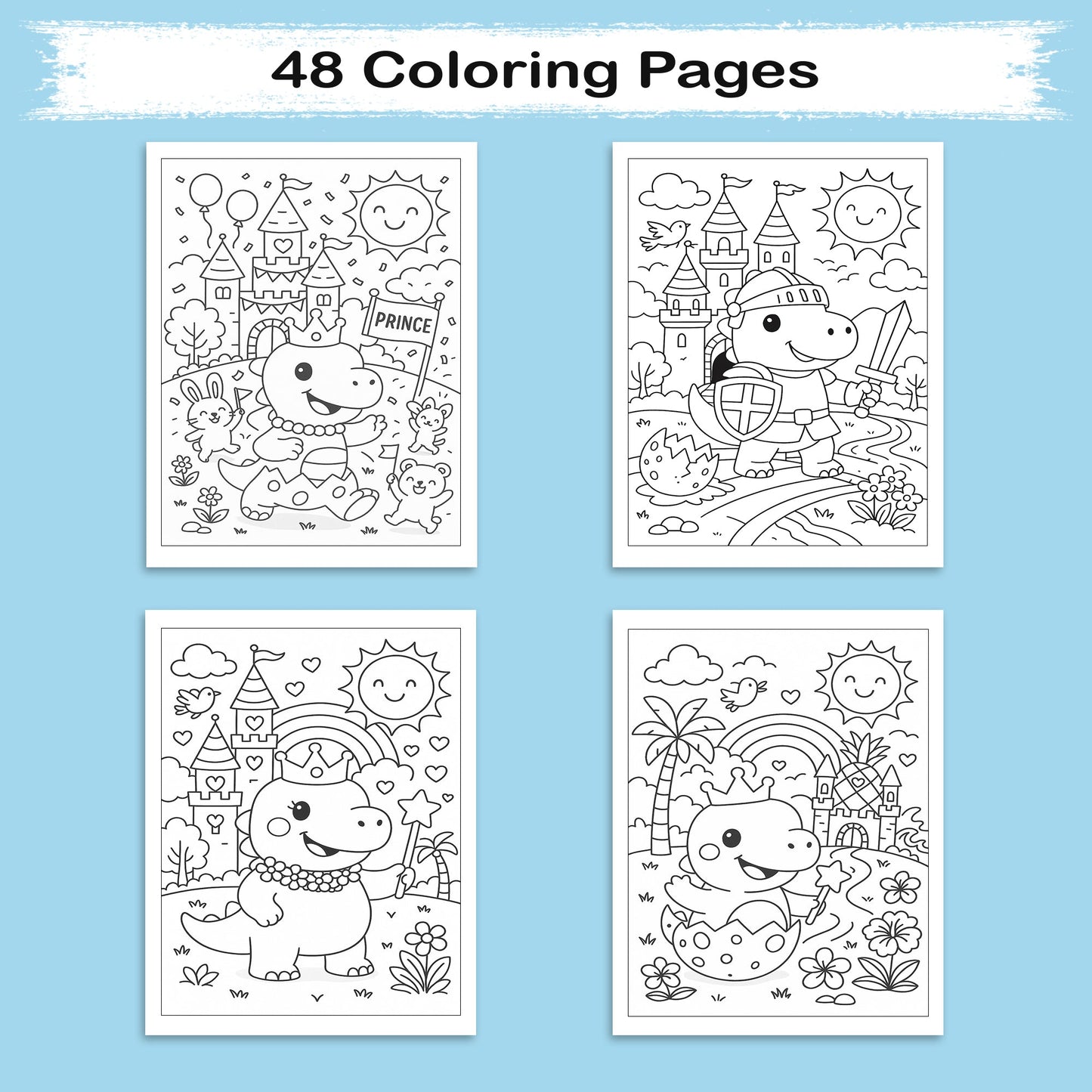 Dino Magic Kingdom Coloring Pages – 48 Pages – Fun, Fantasy-Filled, Prehistoric Adventures – For Kids
