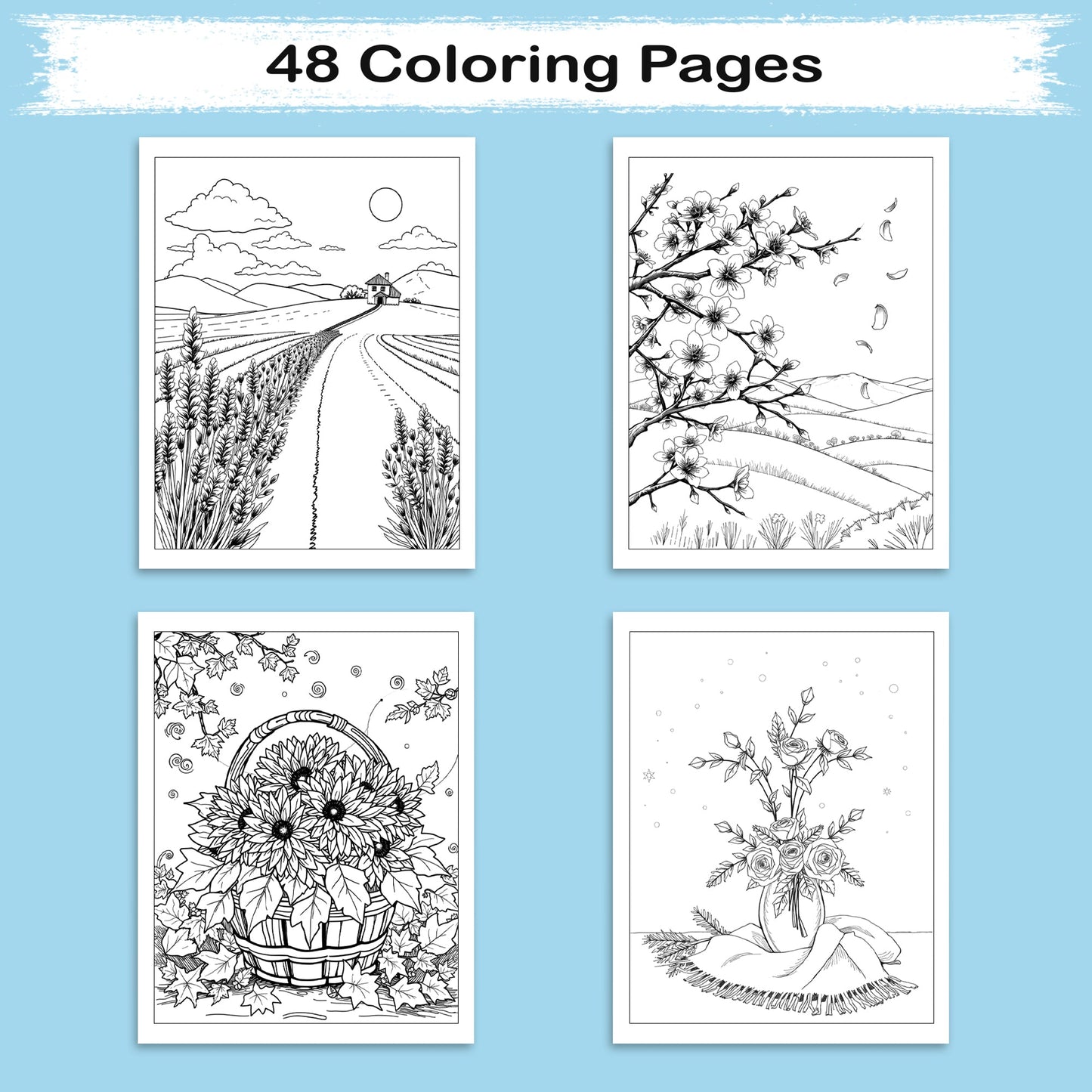 Seasons in Bloom – Flower Coloring Pages – 48 Pages – Cherry Blossoms, Lavender, Mums & Poinsettias – For Adults