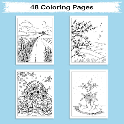 Seasons in Bloom – Flower Coloring Pages – 48 Pages – Cherry Blossoms, Lavender, Mums & Poinsettias – For Adults