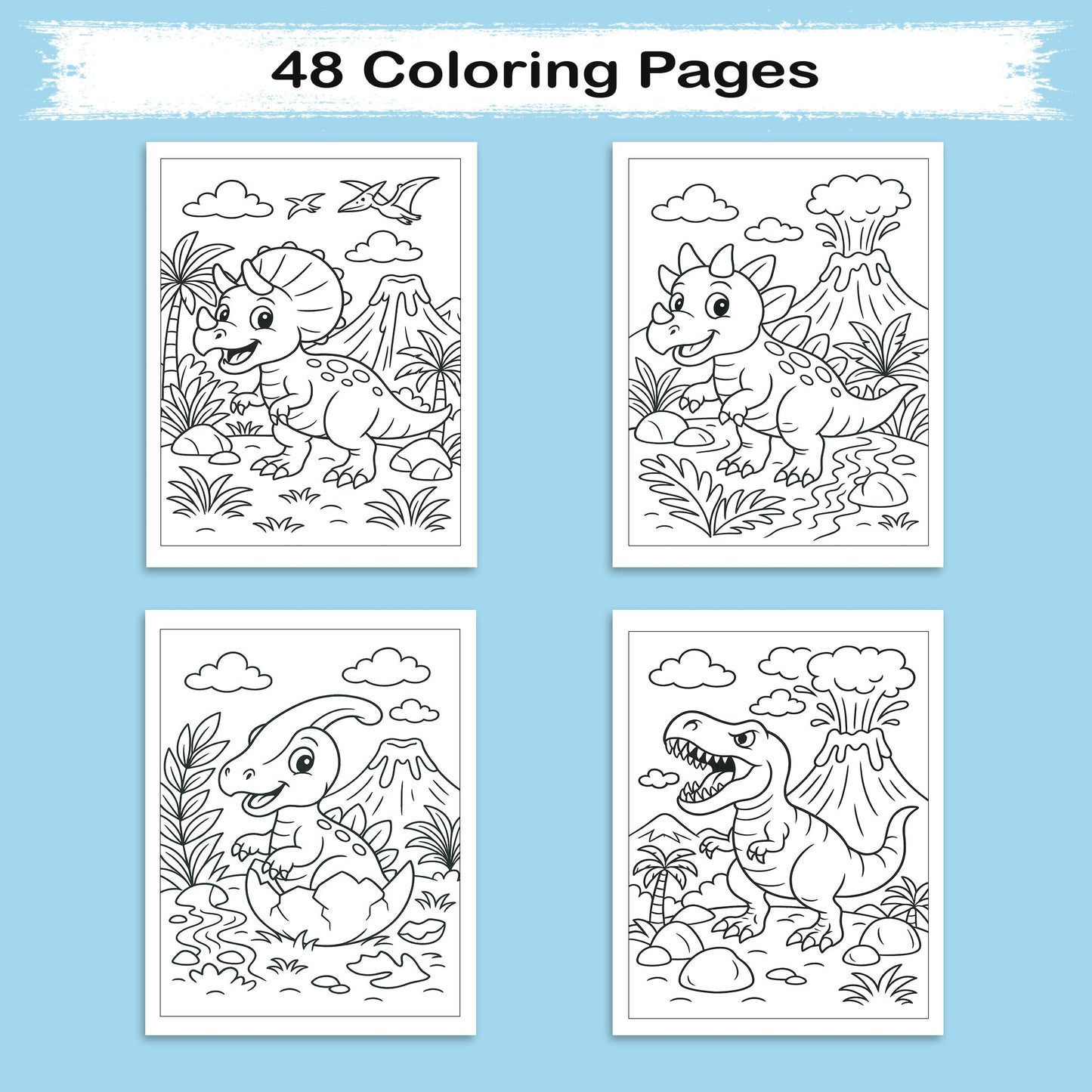 Dino Volcano World Coloring Pages for Kids – 48 Action-Packed Designs