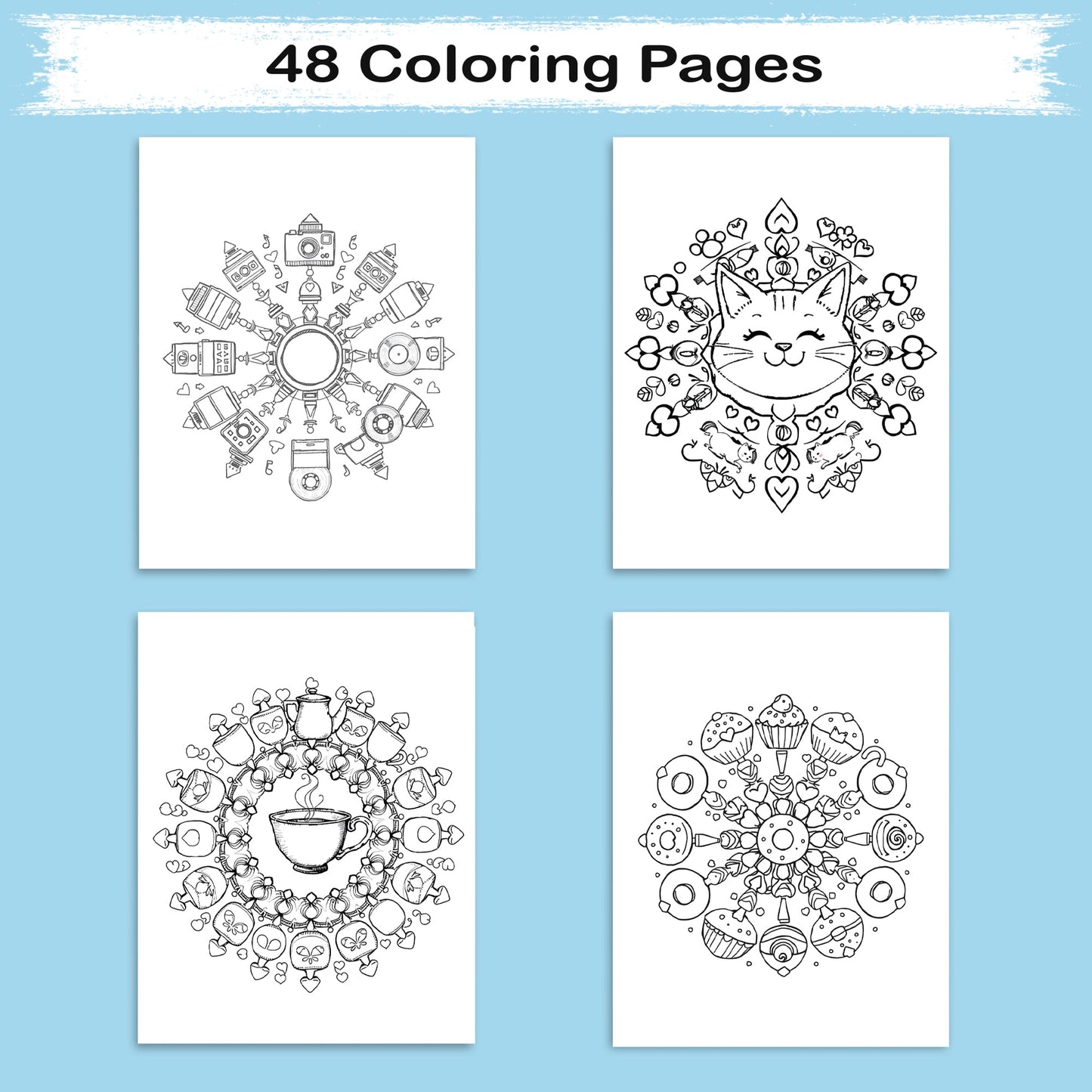 Whimsy Object Mandalas – Mandala Coloring Pages – 48 Pages – Donuts, Teacups, Cats & Cute Surprises – For All Ages