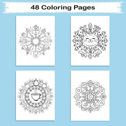 Whimsy Object Mandalas – Mandala Coloring Pages – 48 Pages – Donuts, Teacups, Cats & Cute Surprises – For All Ages