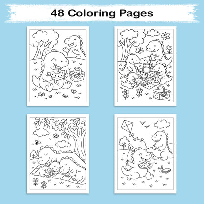 Dino Family Picnic Coloring Pages – 48 Pages – Fun, Cozy, Prehistoric Adventures – For Kids