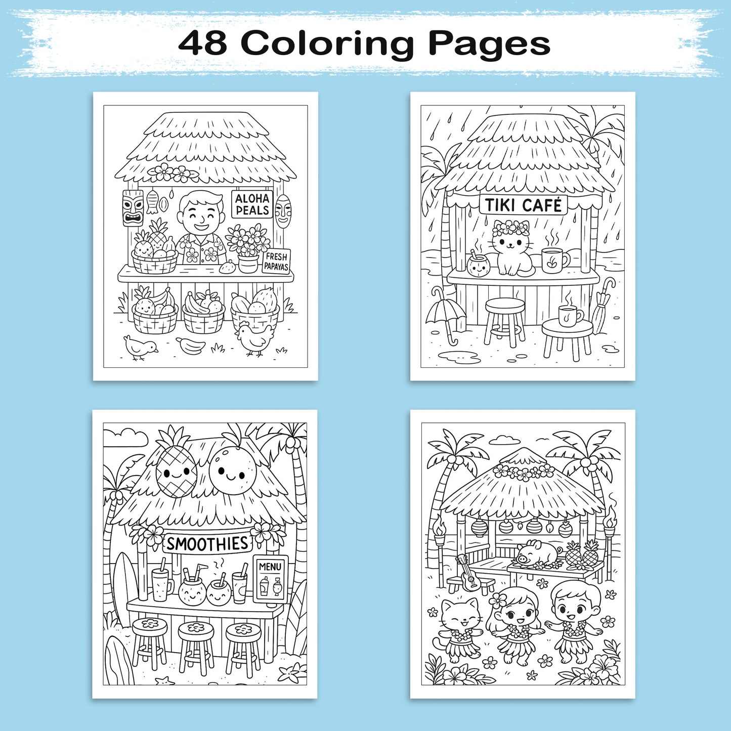 Cozy Tiki Days in Hawaii Coloring Pages – 48 Relaxing Tropical Island Scenes – For Kids