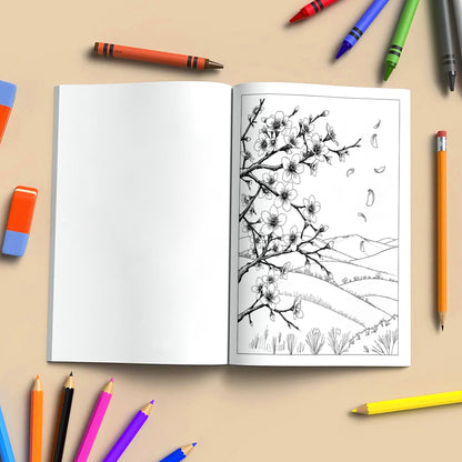 Seasons in Bloom – Flower Coloring Pages – 48 Pages – Cherry Blossoms, Lavender, Mums & Poinsettias – For Adults