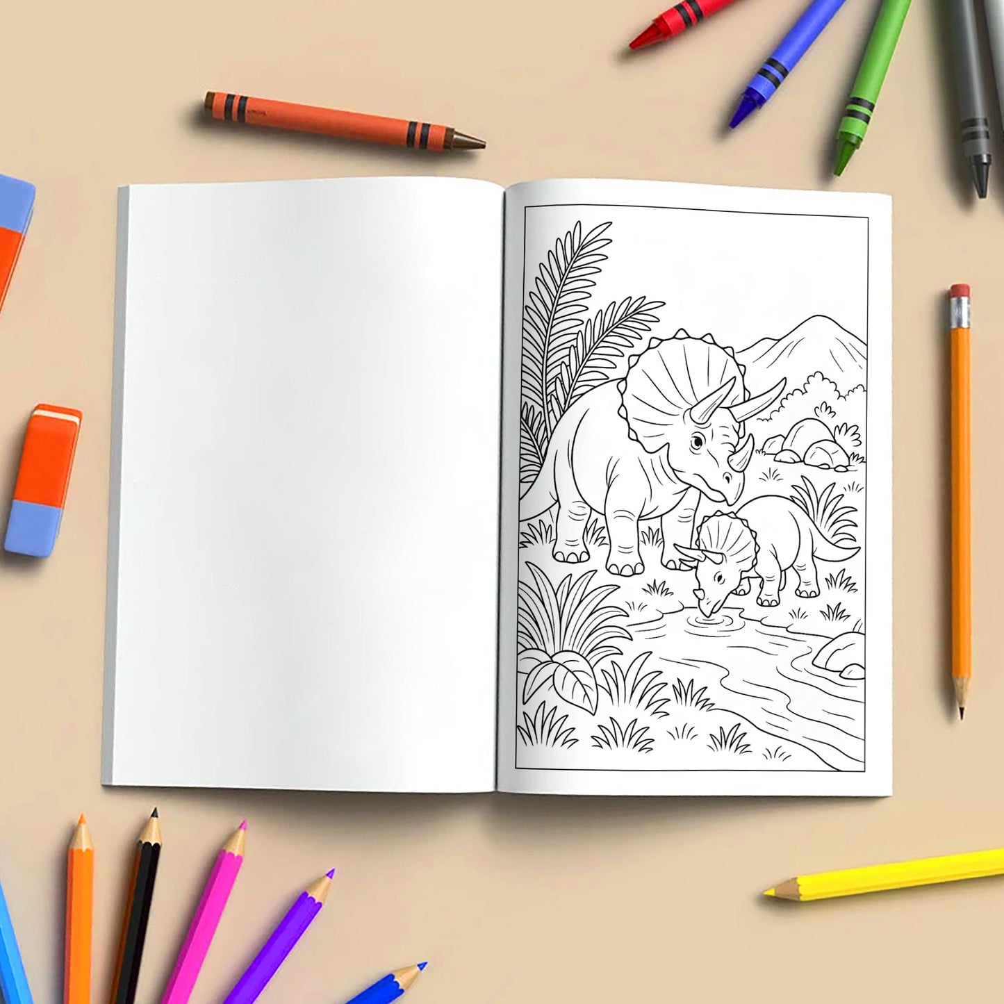 Triceratops Valley Coloring Pages – 48 Pages – Cute, Peaceful, Dinosaur Family Moments – For Kids