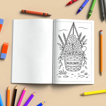 Wildflower Hanging Basket – Flower Coloring Pages – 48 Pages – Gentle, Rustic, Garden-Inspired Beauty – For Adults