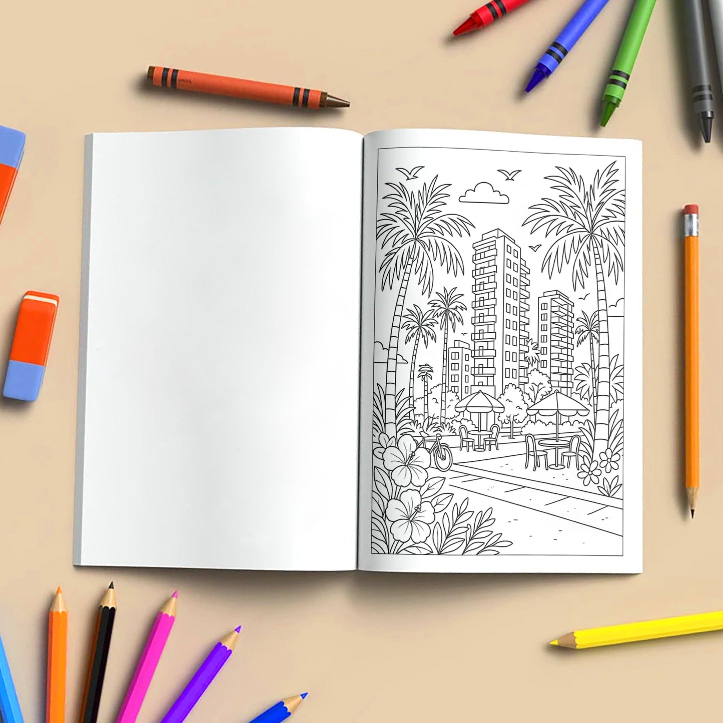 Hawaii Cityscapes & Sunsets – Hawaii Coloring Pages – 48 Pages – Tropical Urban Scenes, Sunset Views – For Adults