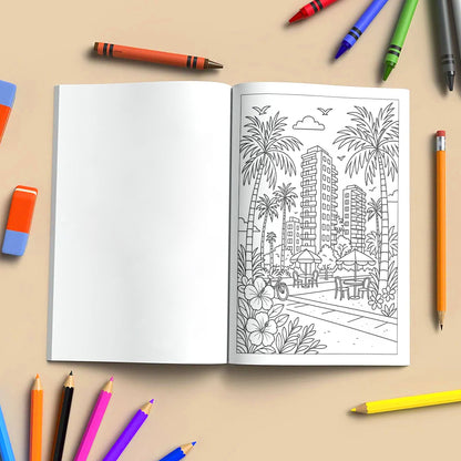 Hawaii Cityscapes & Sunsets – Hawaii Coloring Pages – 48 Pages – Tropical Urban Scenes, Sunset Views – For Adults