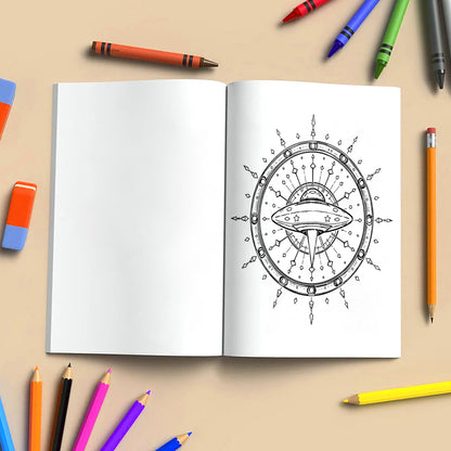 Galactic Mandalas – Mandala Coloring Pages – 48 Pages – UFOs, Aliens, Meteors & Cosmic Symbols – For Adults
