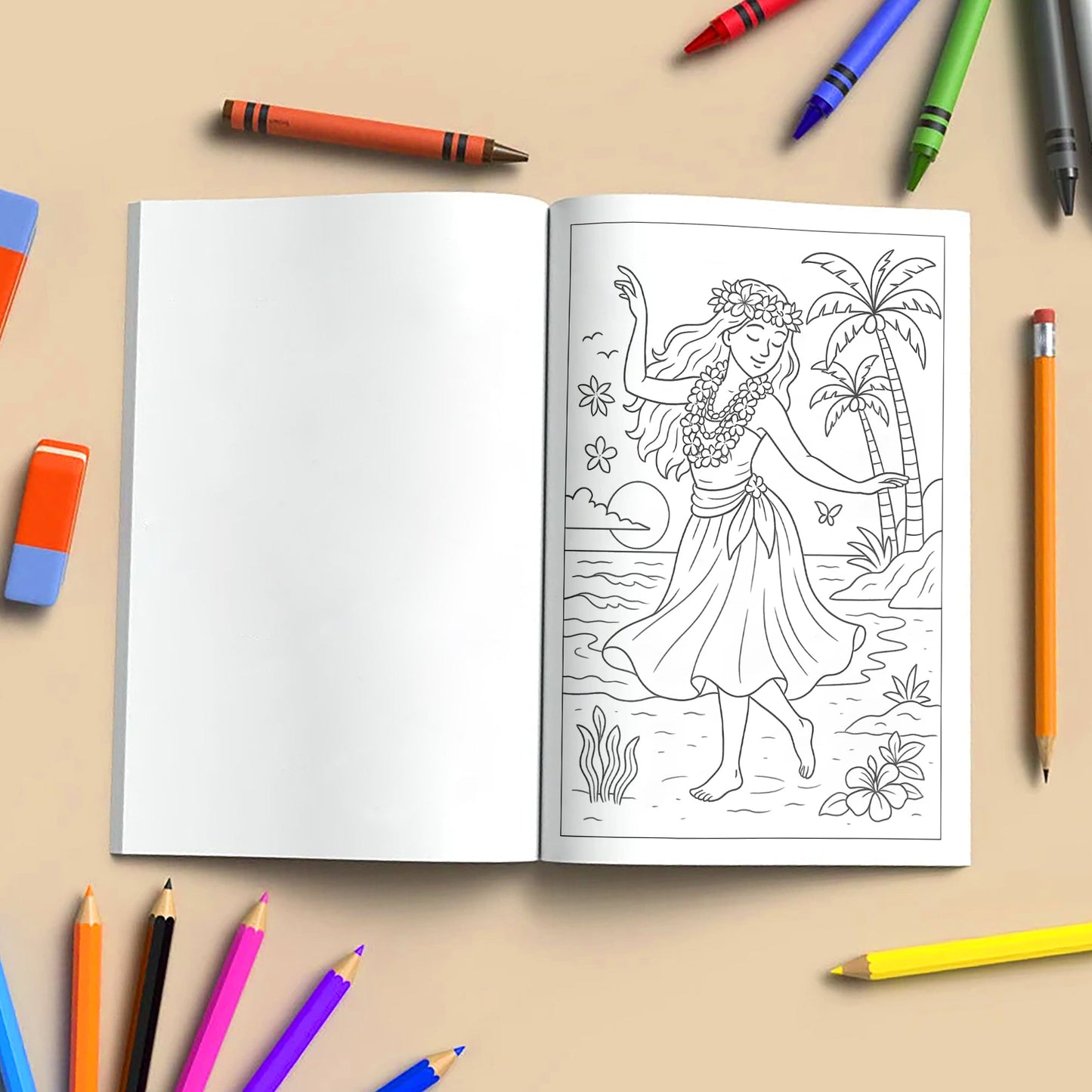 Island Girls of Hawaii Coloring Pages – 48 Tropical Portraits of Graceful Women & Scenic Views - For Adults