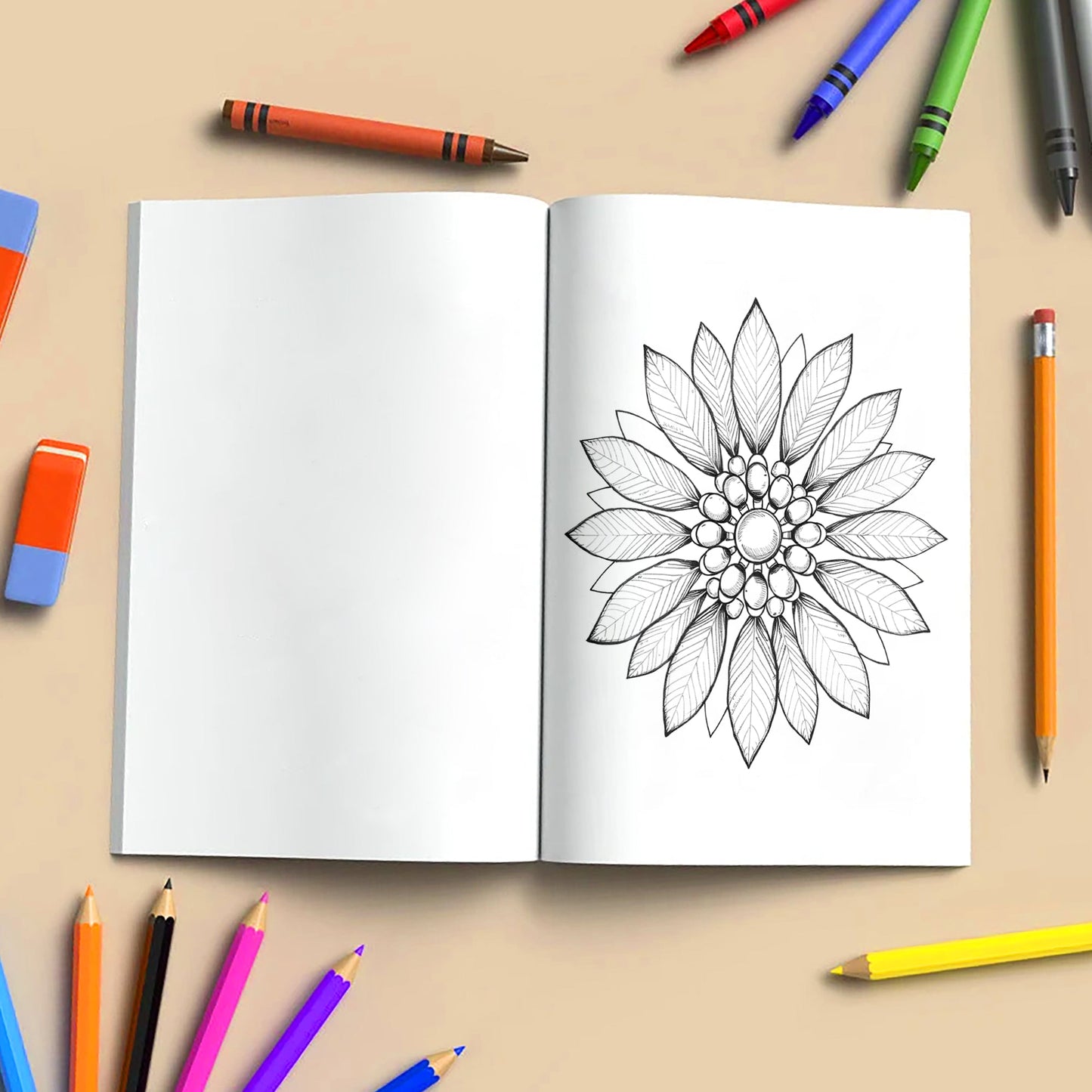 Nature Elements Mandala – Mandala Coloring Pages – 48 Pages – Leaves, Stones, Waves & Celestial Forms – For Adults