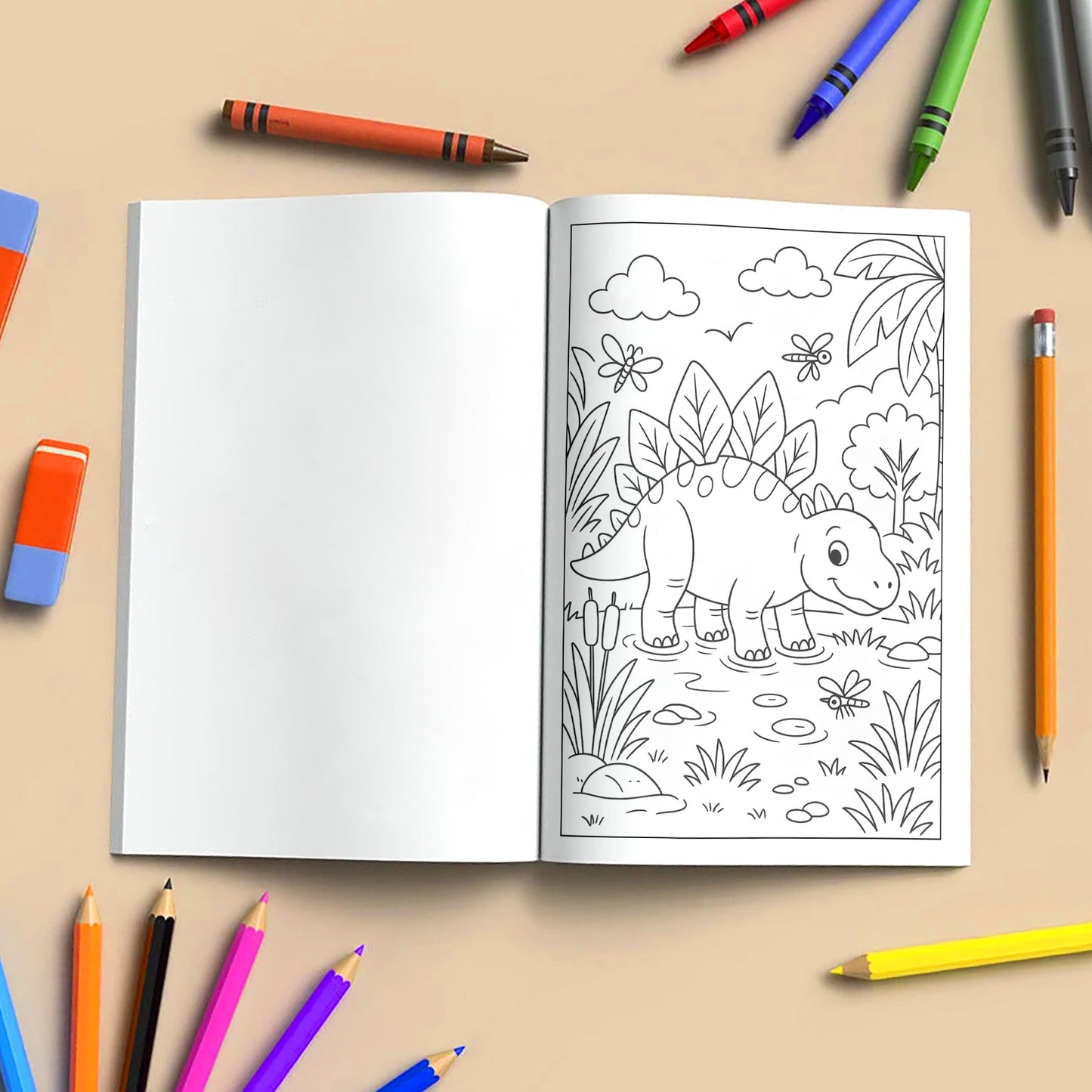 Gentle Dinosaurs in Nature Coloring Pages – 48 Pages – Cute, Calm, Jungle Adventures – For Children