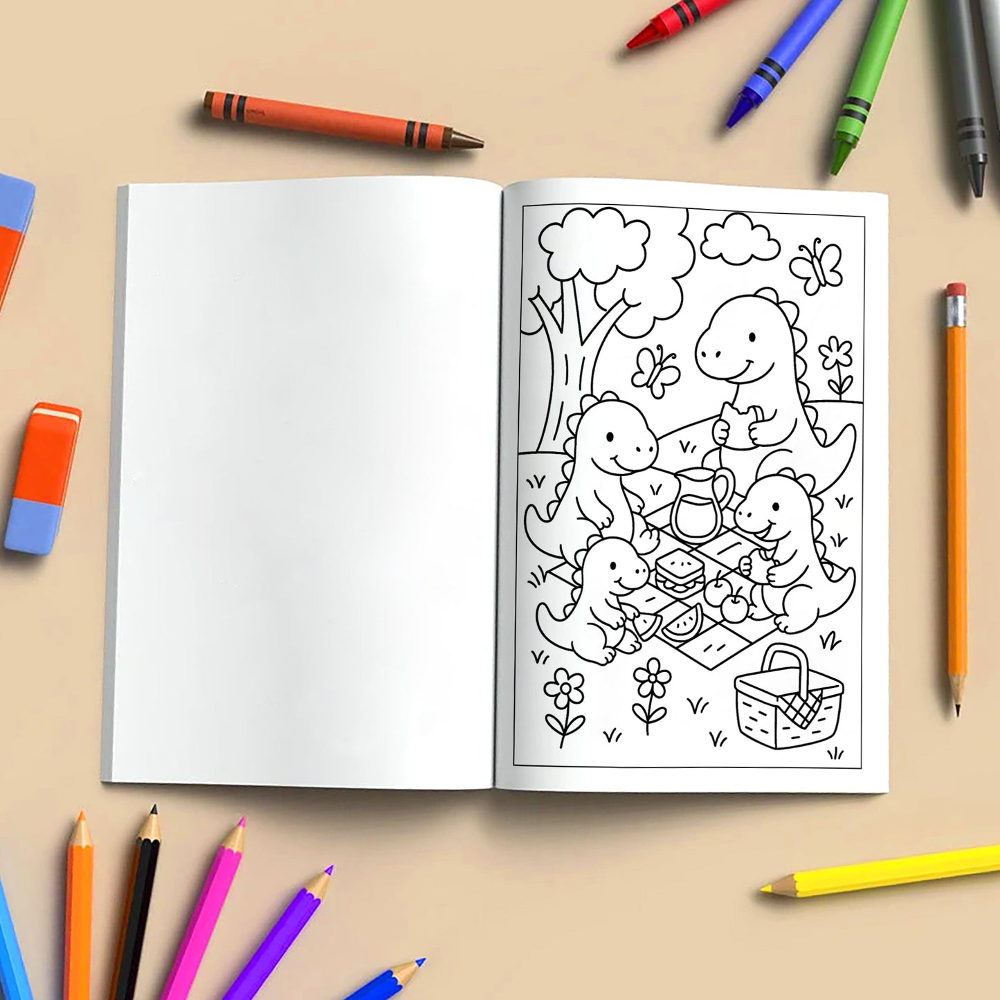 Dino Family Picnic Coloring Pages – 48 Pages – Fun, Cozy, Prehistoric Adventures – For Kids