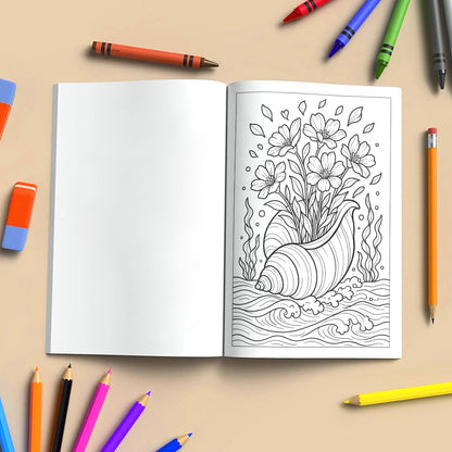 Seashell Blooms – Coloring Pages – 48 Ocean-Inspired Floral Designs – For Kids And Adults