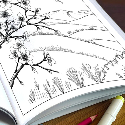 Seasons in Bloom – Flower Coloring Pages – 48 Pages – Cherry Blossoms, Lavender, Mums & Poinsettias – For Adults