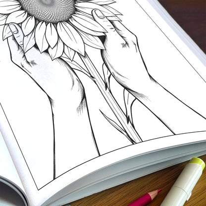 Hands of Bloom – Coloring Pages – 48 Symbolic Floral & Hand Illustrations – For Kids And Adults