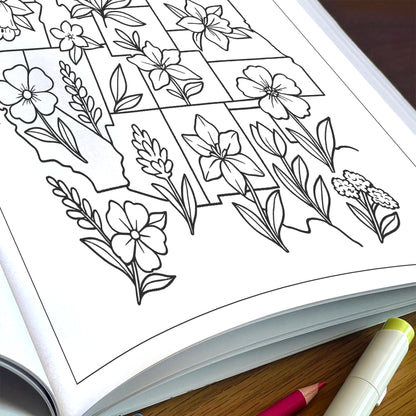Floral Map of America – Coloring Pages – 48 State Flower Designs Across the U.S. – For Adults