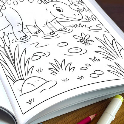 Gentle Dinosaurs in Nature Coloring Pages – 48 Pages – Cute, Calm, Jungle Adventures – For Children