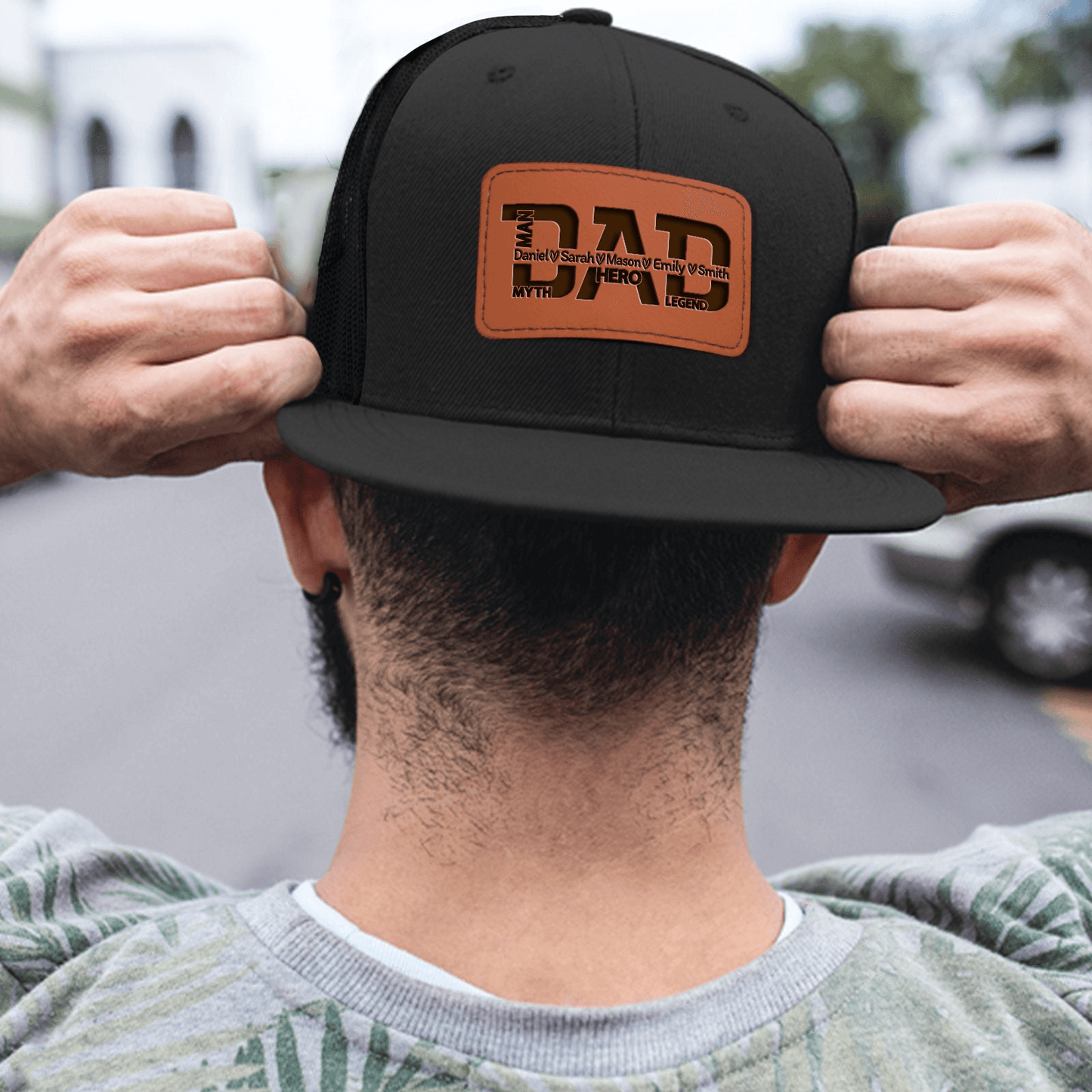 Custom Dad Hat with Kids Names - The Man Myth Legend - Personalized Leather Patch Trucker Hat - Father's Day Gift for Him, Husband, Daddy, Grandpa
