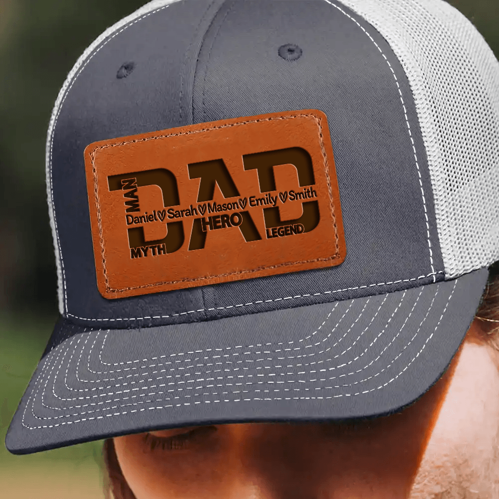 Custom Dad Hat with Kids Names - The Man Myth Legend - Personalized Leather Patch Trucker Hat - Father's Day Gift for Him, Husband, Daddy, Grandpa