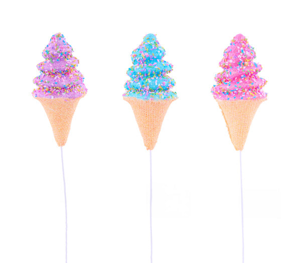 12" GLITTER ICE CREAM CONE PICK BLUE, HT PINK, PPL