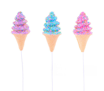 12" GLITTER ICE CREAM CONE PICK BLUE, HT PINK, PPL