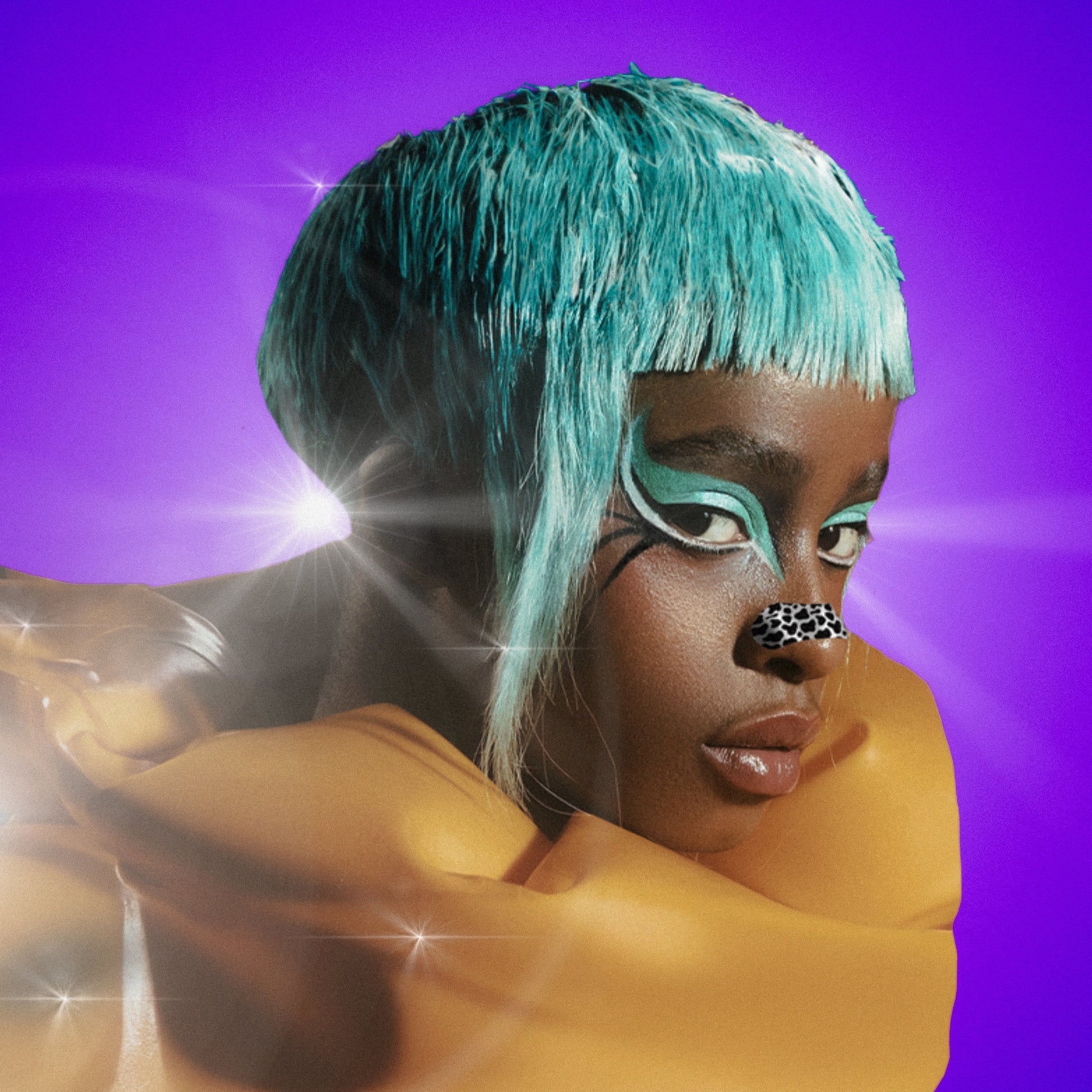 Person with teal hair and animal print makeup against a purple background
