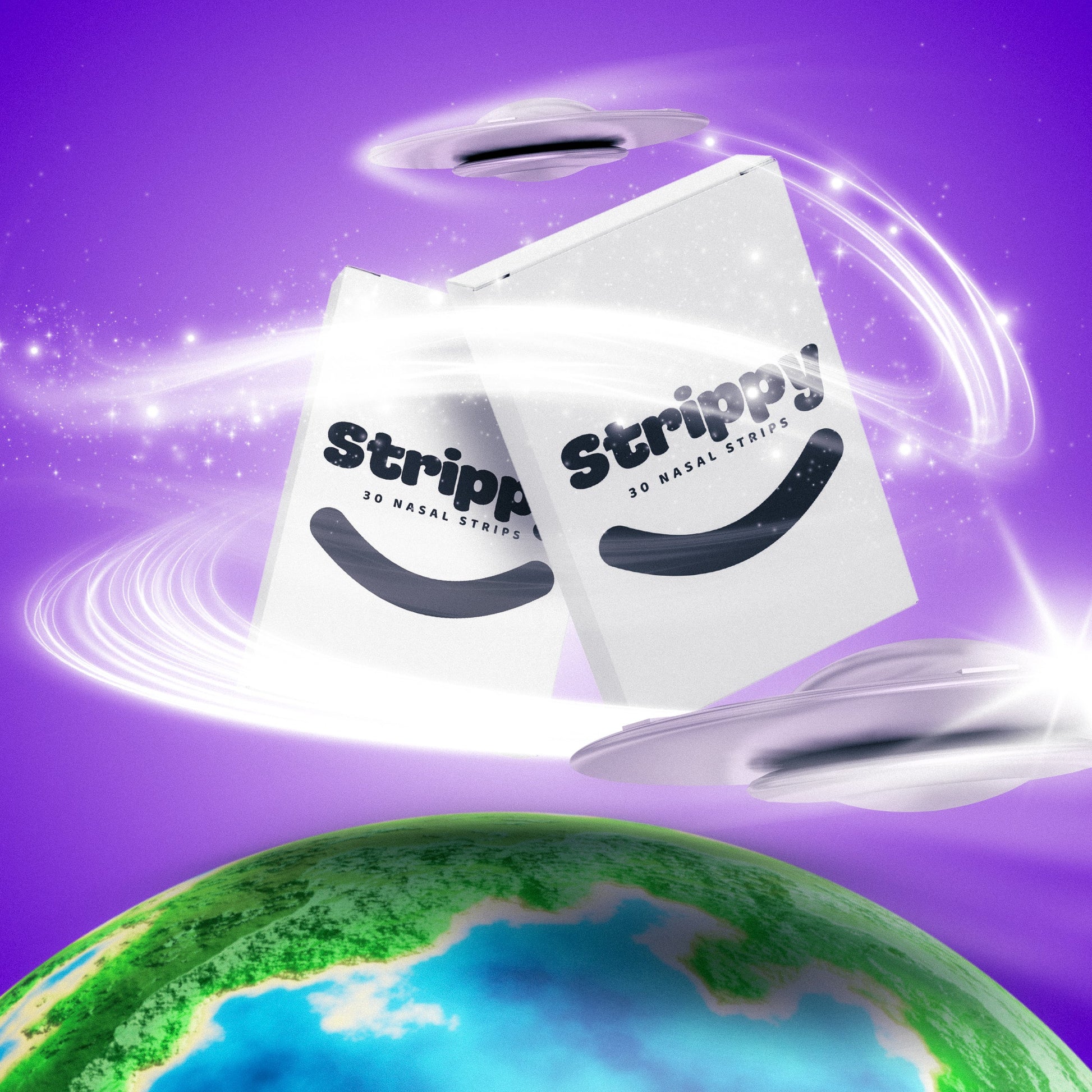 Strippy nasal strip packaging with a stylized Earth and purple background