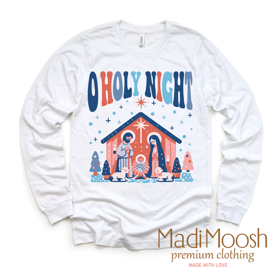 Oh Holy Night Christmas Tee - Long Sleeve White Shirt