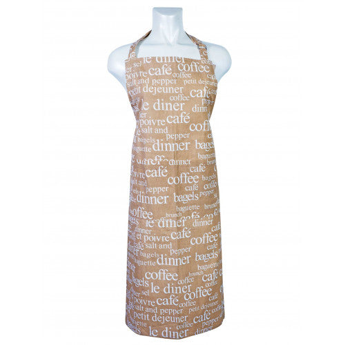 A kitchen apron with a 'cafe print' featuring text related to coffee and dining, displayed on a mannequin.