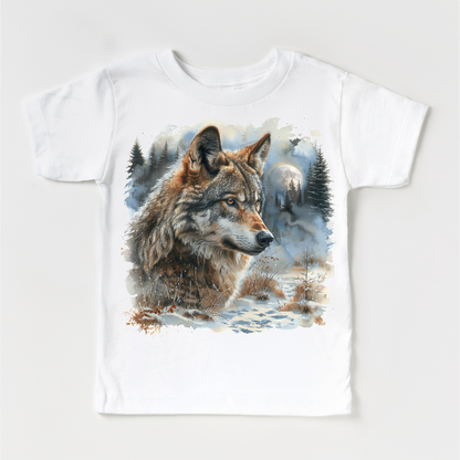 Retro Wolf Watercolor Nature Scene Shirt - Kids Tee