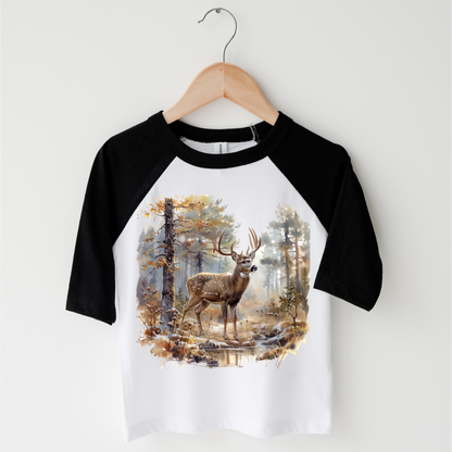 Retro Deer Watercolor Nature Scene Buck Shirt - Kids Tee