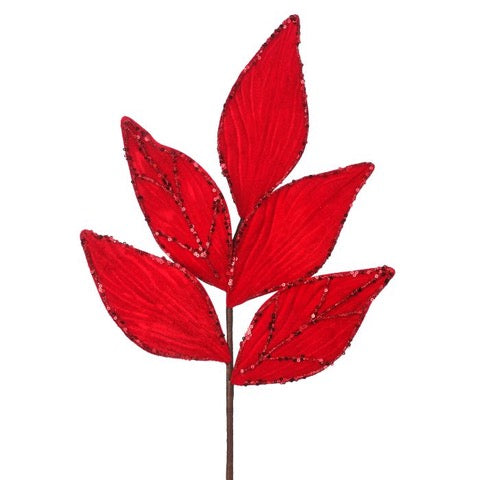 21" GLITTER VEINED VELVET LEAF SPRAY Red