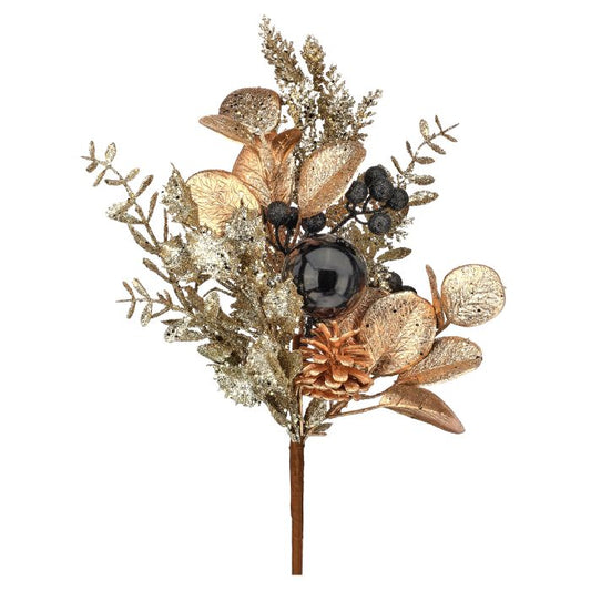 18" BLACK GOLD GLITTER LEAF/BERRY/CONE PICK