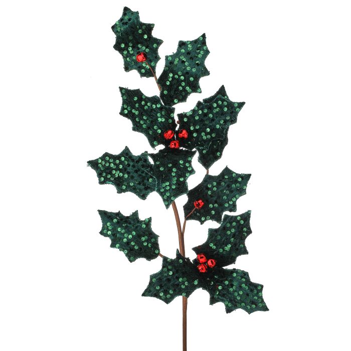 28" METALIC SEQUIN HOLLY SPRAY RED GREEN