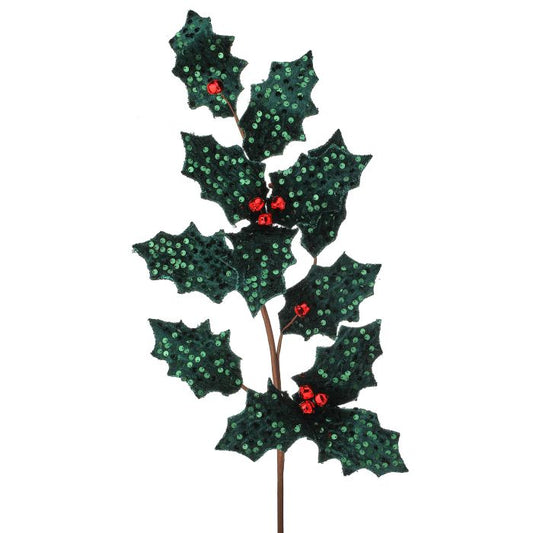 28" METALIC SEQUIN HOLLY SPRAY RED GREEN