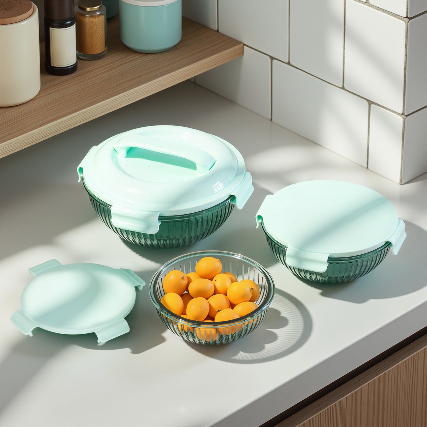 Borosilicate Glass Mixing Bowl Set- Diamond Blue (W/ Handle)