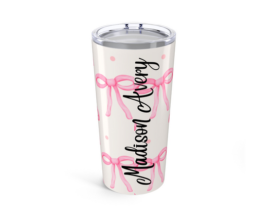 Customizable: Chic Bow Tumbler 20oz - Stylish Insulated Drinkware, Gift for Her, Birthday, Bridal Shower, Everyday Use, Pink Ribbon Design