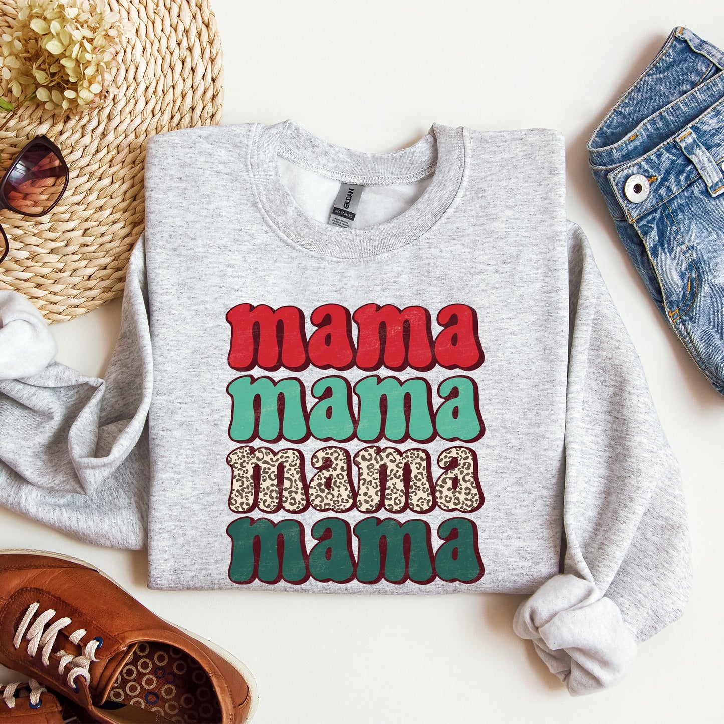 Mama Mama Mama Mama Christmas, Retro, Leopard Print, Winter, Santa, Xmas Sweatshirt