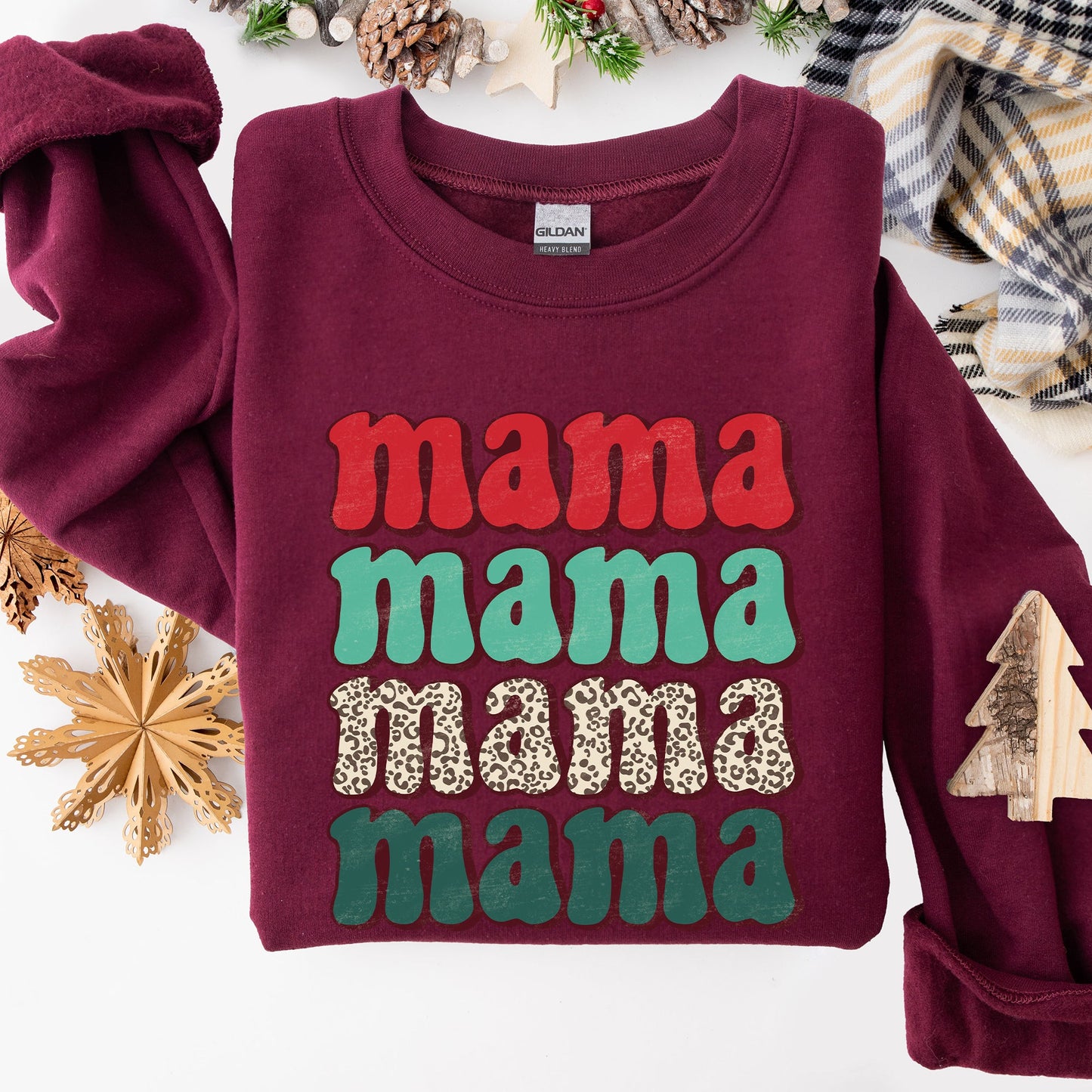 Mama Mama Mama Mama Christmas, Retro, Leopard Print, Winter, Santa, Xmas Sweatshirt