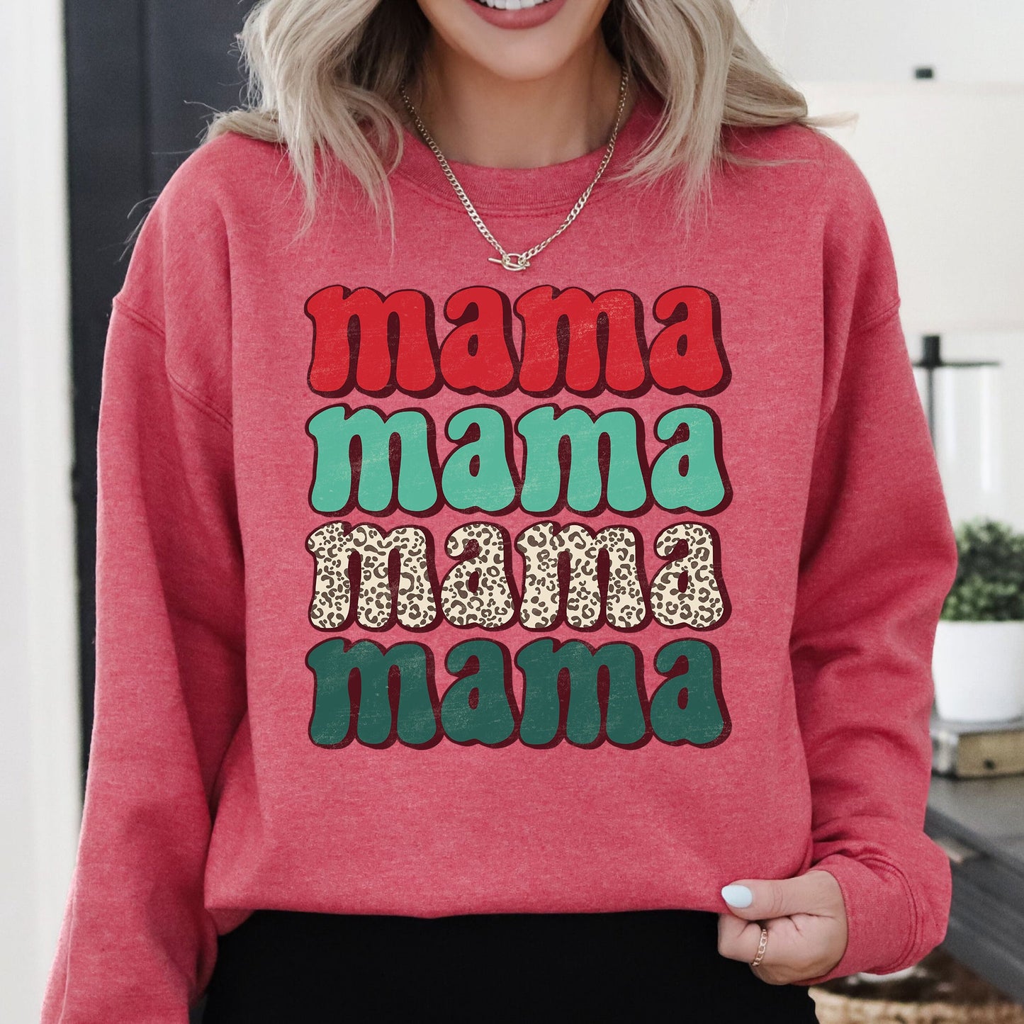 Mama Mama Mama Mama Christmas, Retro, Leopard Print, Winter, Santa, Xmas Sweatshirt