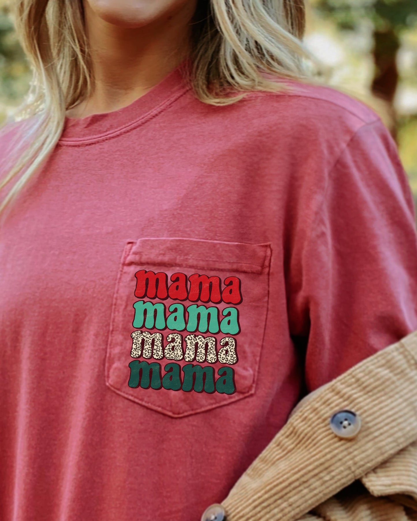 Mama Mama Mama Mama, Christmas Pocket, Leopard Print, Red, Green, Winter, Snow, Xmas Pocket Tee Comfort Colors T-Shirt